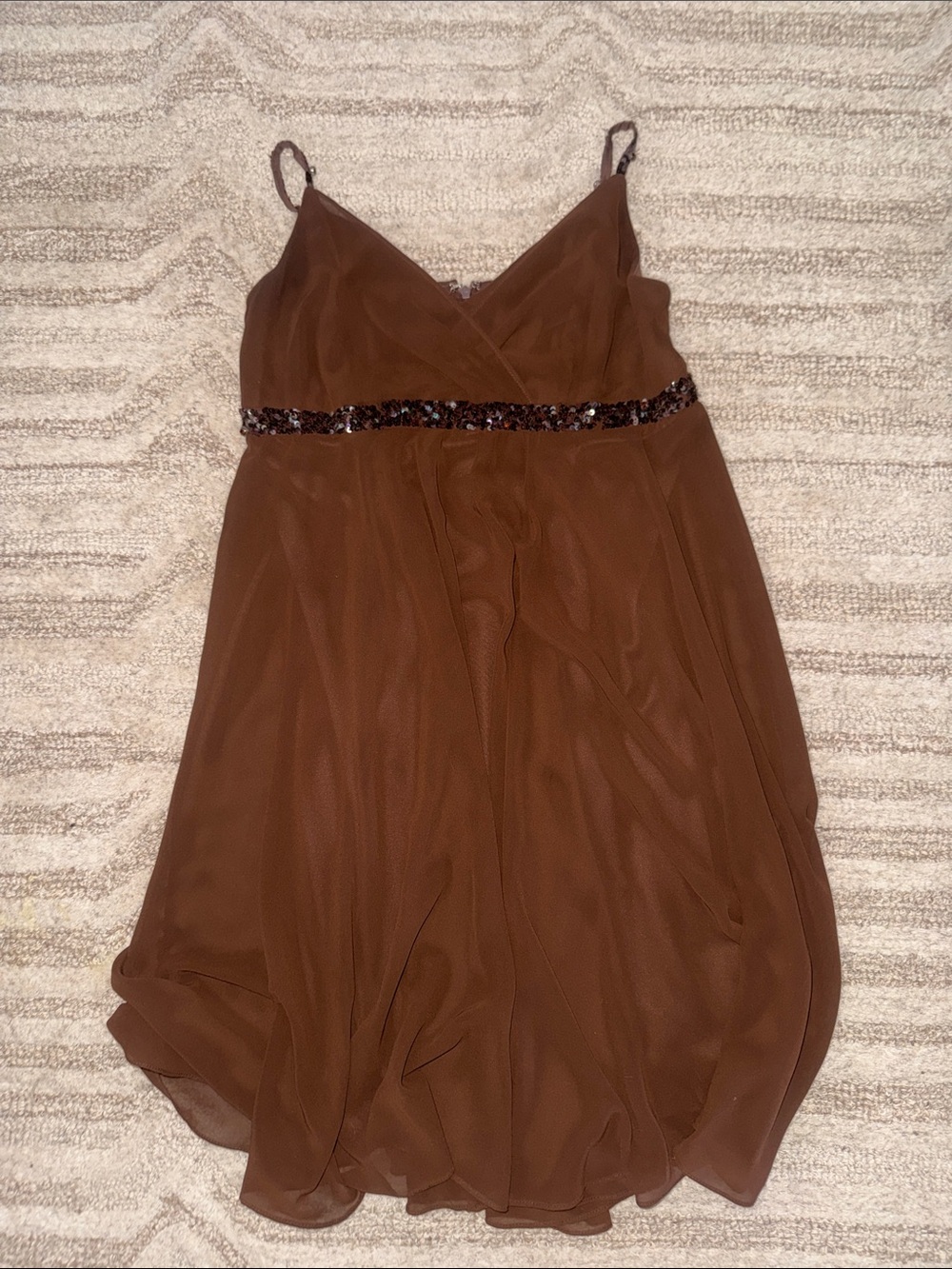Brown Spaghetti-Strap Chiffon Dress with Sequin Waistband